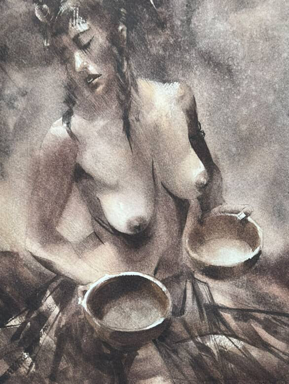 Loose sketch of a nude figure with red translucent drapery